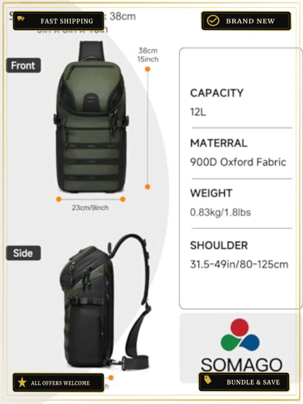 Waterproof Crossbody Sling Backpack Travel Hiking Chest Bag Daypack